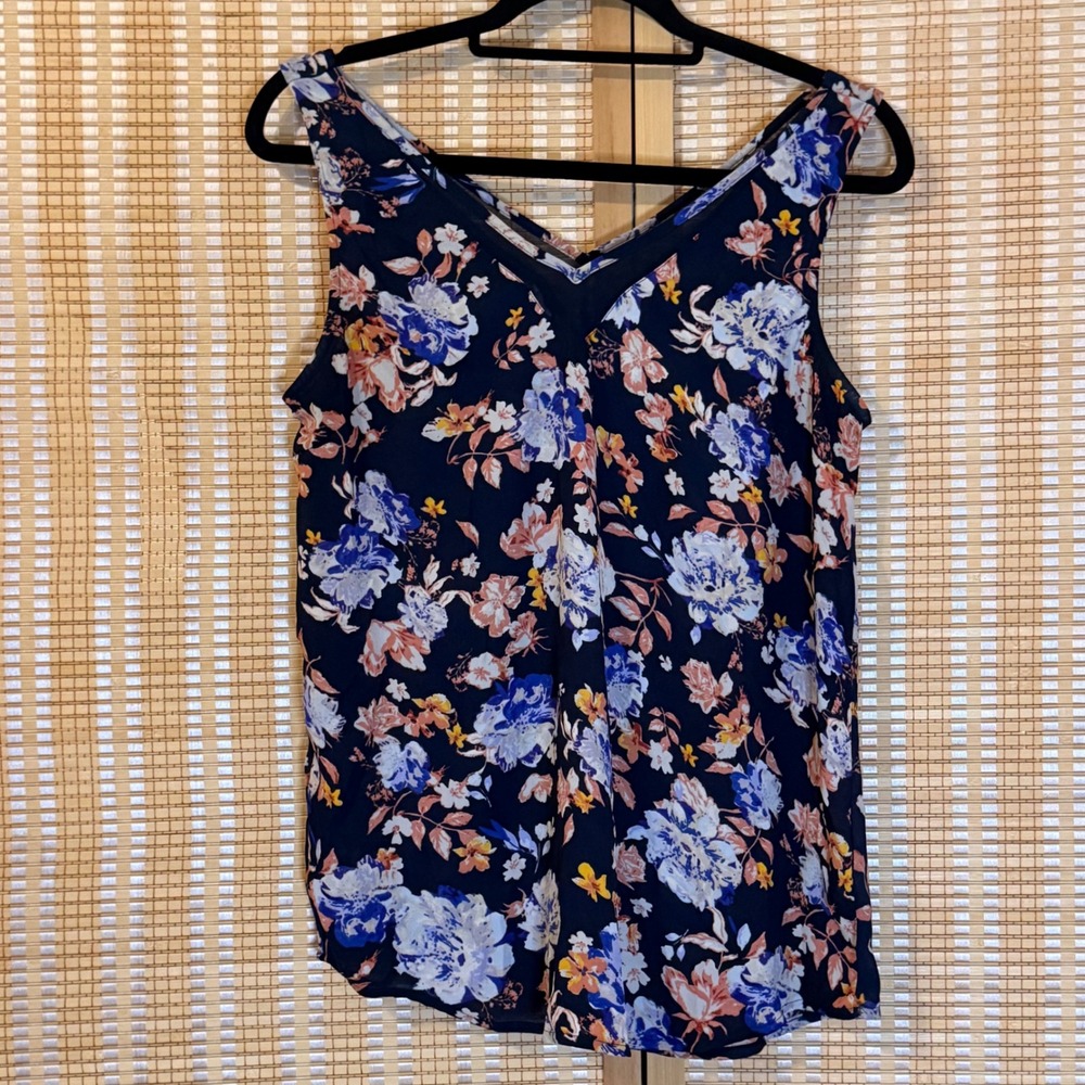 Maurices Floral V-Neck Tank Top Navy Blue Orange White Sleeveless Blouse Small